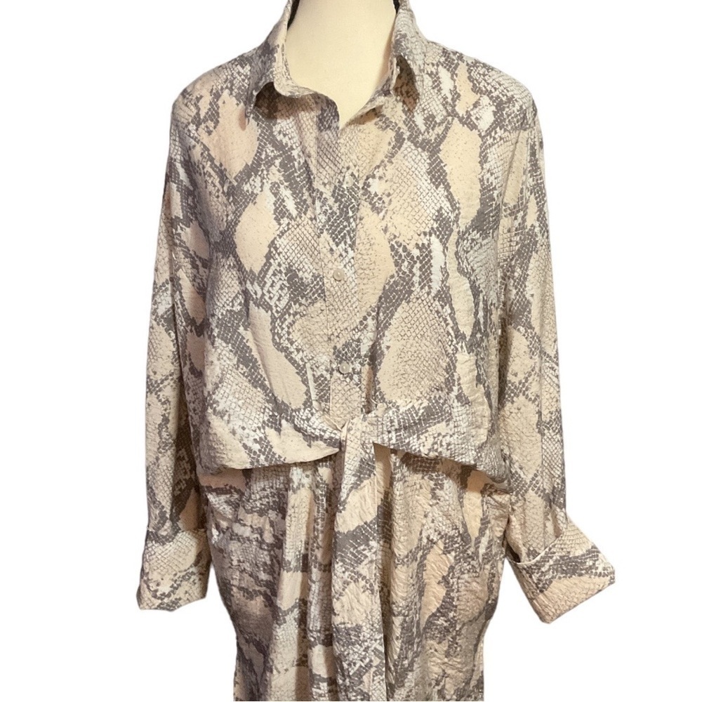 H&m- neutral snakeskin print crepe fabric button down tie front tunic/mini dress - Picture 2 of 12